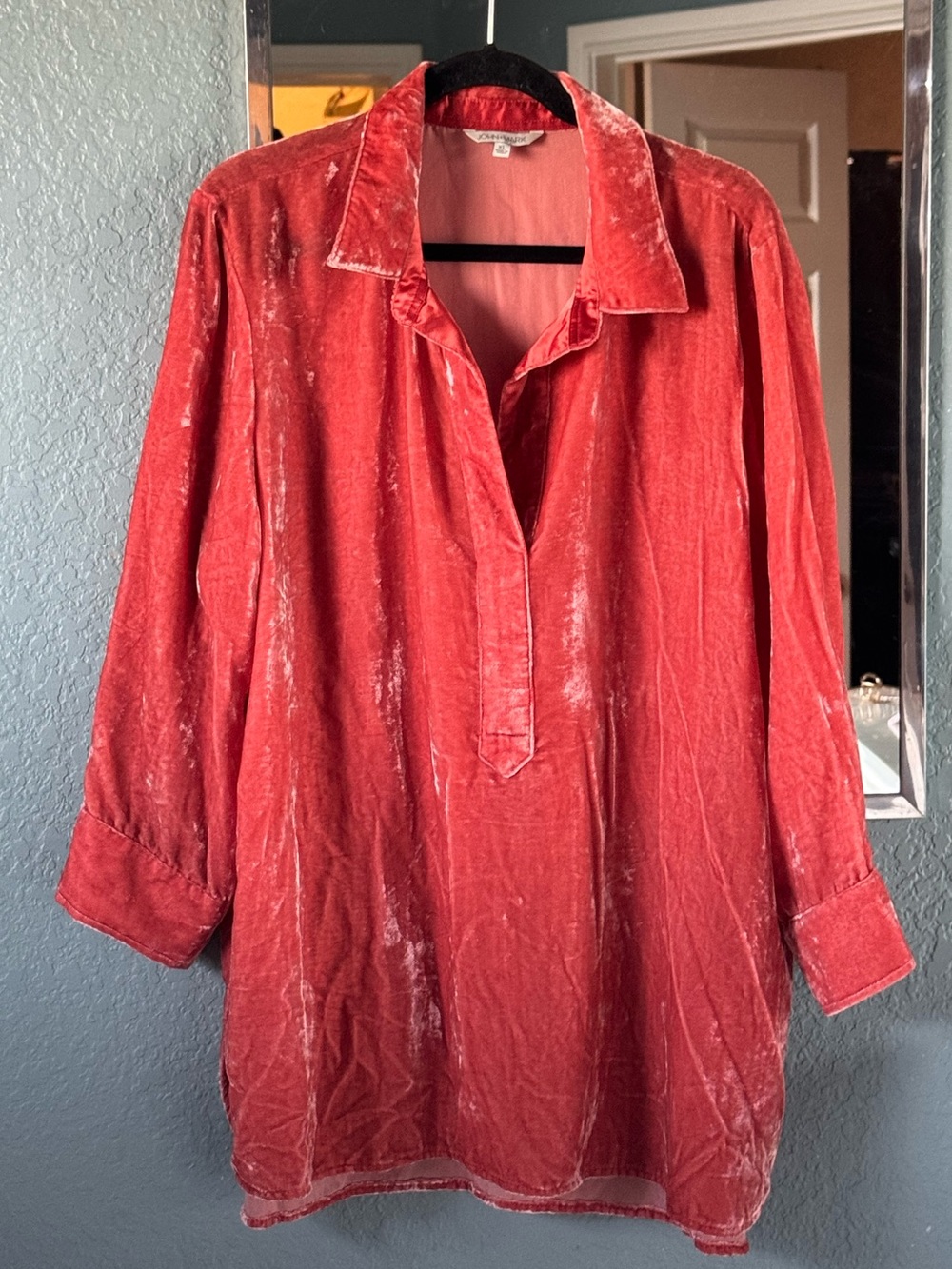 NWT John Mark Crushed Velvet Tunic Dress Crushed Coral Tea Length Sleeve Size XL